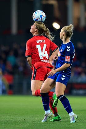 Flyeralarm Womens Bundesliga 2022 2023, Bayer 04 Leverkusen 1 FC Cologne header Juliane Wirtz B04, 14 , Weronika Zawistoska FC, 24 Leverkusen Ulrich Haberland Stadium North Rhine Westphalia Germany