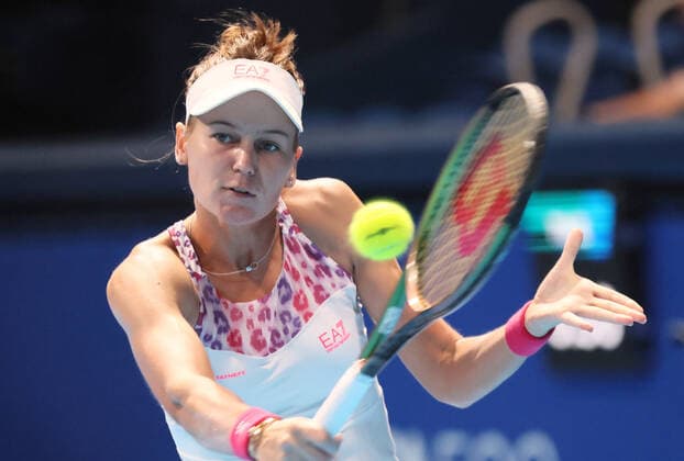 September 24, 2022, Tokyo, Japan - Veronika Kudermetova of Russia returns the ball against Zheng Qinwen at the singles semi final match at the Toray Pan Pacific Open tennis tournament at the Ariake Coliseum in Tokyo on Saturday, September 24, 2022. Zheng defeated Kudermetova 5-7, 6-3, 7-6. Noxthirdxpartyxsales  (0169946644st)