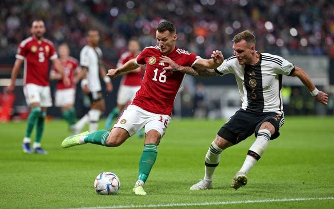 23 09 2022, football international match UEFA Nations League 2022 23, Germany Hungary, at Red Bull Arena Leipzig L R Daniel Gazdag Hungary vs David Raum Germany
