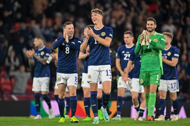 Scotland v Republic of Ireland UEFA Nations League 24 09 2022. Goalscorer Scotland s Jack Hendry shares a joke with Scotland s Callum McGregor after the final whistle of the UEFA Nations League match between Scotland and the Republic of Ireland at Hampden Park, Glasgow, United Kingdom on 24 September 2022. Editorial use only , Copyright: xMalcolmxMackenziex PSI-16051-0047
