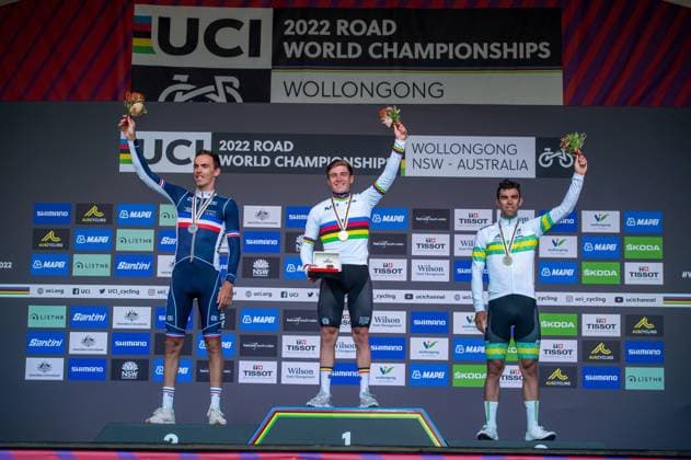 Remco EVENEPOEL, Christophe LAPORTE, Michael MATTHEWS UCI Road World Championships 2022 Award Ceremony, Podium Remco EVENEPOEL Belgium wins Road Race World Champion, Gold Medal ahead of Christophe LAPORTE France Michael MATTHEWS Australia 25 September 2022 UCI Road World Championships 2022 Wollongong, Australia The 2022 UCI Road World Championships will be held from 18 September to 25 September 2022