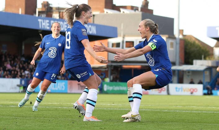 Mandatory Credit: Photo by Andrew Fosker Shutterstock (13413821y) Maren Mjelde of Chelsea scores their 2nd goal from the penalty spot and celebrates (L) with Magdalena Eriksson of Chelsea (R) Chelsea Women v Manchester City Women, Barclays FA Women s Super League, Football, Kingsmeadow, London, UK - 25 Sep 2022 Chelsea Women v Manchester City Women, Barclays FA Women s Super League, Football, Kingsmeadow, London, UK - 25 Sep 2022 Copyright: xAndrewxFosker Shutterstockx 13413821y