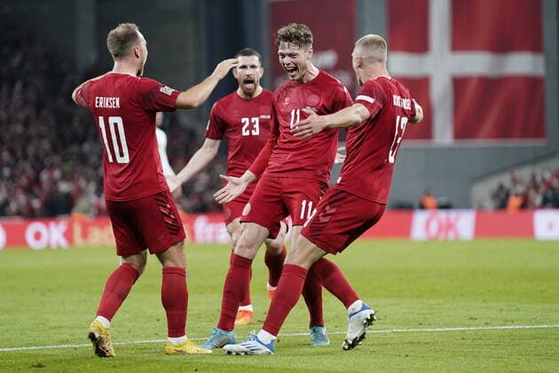 Denmarks Christian Eriksen, Pierre Emile Hojbjerg, Andreas Skov Olsen and Rasmus Kristensen celebrates the second goal during the UEFA Nations League League A – Group 1 soccer match between Denmark and France at Parken Stadium in Copenhagen, Denmark, Sunday September 25, 2022 , Copenhagen Denmark  Copyright: MadsxClausxRasmussenx ScanpixID: 20220925-212633-L spdk20220925-212633-L