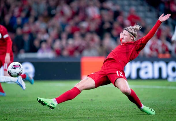 Denmarks Kasper Dolberg scores to 1 0 during the UEFA Nations League group A match between Denmark France at Parken, Sunday 25 September 2022 Copy of 20220925 214126 3 spnet, Copenhagen Denmark  Copyright: Ritzau Scanpix LiselottexSabroex ScanpixID: 20220925-214132-L spdk20220925-214132-L