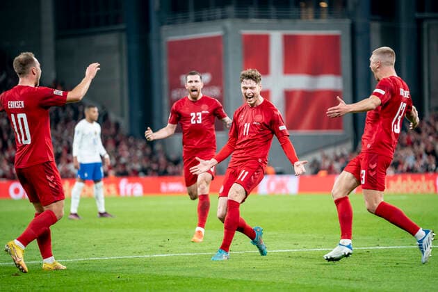 Andreas Skov Olsen scores to 2 0 during the UEFA Nations League Group A match between Denmark and France at Parken in Copenhagen, Sunday 25 September 2022 Copy of 20220925 214132 3 spnet, Copenhagen Denmark  Copyright: RitzauxScanpix MadsxClausxRasmussenx ScanpixID: 20220925-214139-L spdk20220925-214139-L