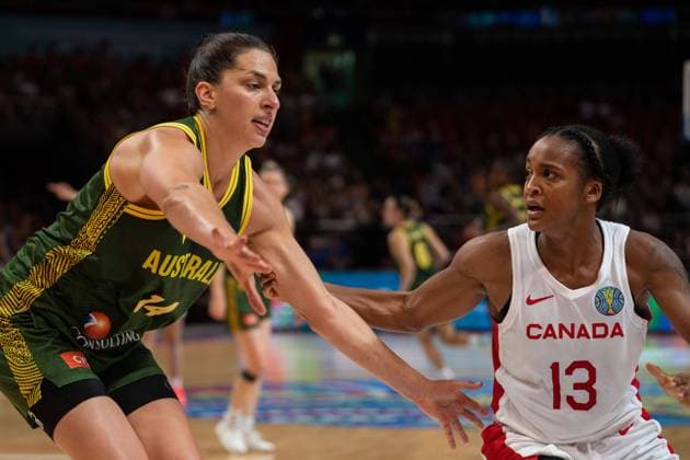 FIBA Womens World Cup 2022 - Canada v Australia Marianna Tolo (14 Australia) defends Shay Colley (13 Canada) during the FIBA Womens World Cup 2022 game between Canada and Australia at the Sydney Superdome in Sydney, Australia. Noe Llamas SPP Copyright: xNoexLlamas SPPx noe_llamas_sports_press_photo_172595