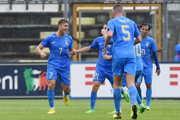 As Castel di Sangro (Aq) 26 09 2022 - amichevole Under 21 Italia-Giappone foto Antonello Sammarco Image nella foto: esultanza gol Lorenzo Colombo 