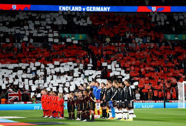 Mandatory Credit: Photo by Kieran McManus Shutterstock (13421401aa) Both teams sing their national anthems. England v Germany, UEFA Nations League, Group A3, International Football, Wembley Stadium, London, UK - 26 Sep 2022 EDITORIAL USE ONLY No use with unauthorised audio, video, data, fixture lists, club league logos or live services. Online in-match use limited to 120 images, no video emulation. No use in betting, games or single club league player publications. England v Germany, UEFA Nations League, Group A3, International Football, Wembley Stadium, London, UK - 26 Sep 2022 EDITORIAL USE ONLY No use with unauthorised audio, video, data, fixture lists, club league logos or live services. Online in-match use limited to 120 images, no video emulation. No use in betting, games or single club league player publications. Copyright: xKieranxMcManus Shutterstockx 13421401aa