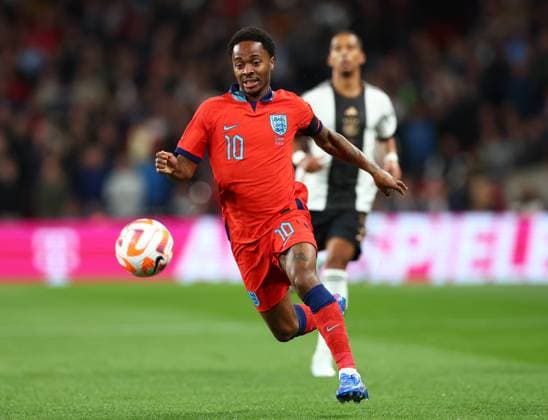 London, England, 26th September 2022. Raheem Sterling of England in action during the UEFA Nations League match at Wembley Stadium, London. Picture credit should read: David Klein Sportimage EDITORIAL USE ONLY. No use with unauthorised audio, video, data, fixture lists, club league logos or live services. Online in-match use limited to 120 images, no video emulation. No use in betting, games or single club league player publications. SPI-1909-0025