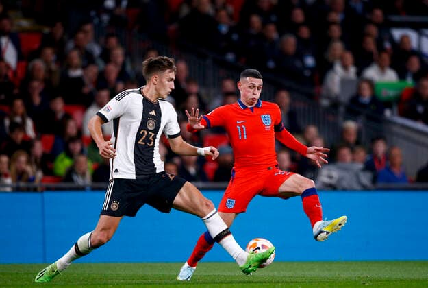 England v Germany UEFA Nations League Phil Foden of England pressures Nico Schlotterbeck of Germany during the UEFA Nations League Group C match at Wembley Stadium, London Content Not Available For UK Newspapers Copyright: xPaulxChestertonx FIL-17392-0038 UK Newspapers OUT