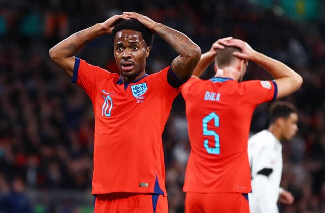 Mandatory Credit: Photo by Kieran McManus Shutterstock (13421401aw) Raheem Sterling of England looks dejected after a missed chance. England v Germany, UEFA Nations League, Group A3, International Football, Wembley Stadium, London, UK - 26 Sep 2022 EDITORIAL USE ONLY No use with unauthorised audio, video, data, fixture lists, club league logos or live services. Online in-match use limited to 120 images, no video emulation. No use in betting, games or single club league player publications. England v Germany, UEFA Nations League, Group A3, International Football, Wembley Stadium, London, UK - 26 Sep 2022 EDITORIAL USE ONLY No use with unauthorised audio, video, data, fixture lists, club league logos or live services. Online in-match use limited to 120 images, no video emulation. No use in betting, games or single club league player publications. Copyright: xKieranxMcManus Shutterstockx 13421401aw