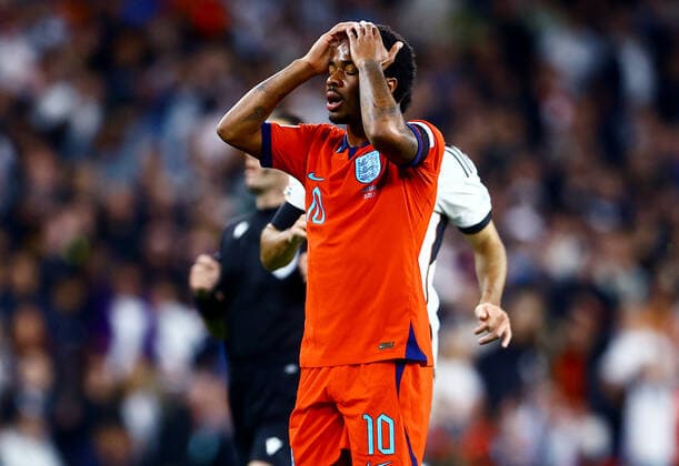 Mandatory Credit: Photo by Kieran McManus Shutterstock (13421401be) Raheem Sterling of England looks dejected after a missed chance. England v Germany, UEFA Nations League, Group A3, International Football, Wembley Stadium, London, UK - 26 Sep 2022 EDITORIAL USE ONLY No use with unauthorised audio, video, data, fixture lists, club league logos or live services. Online in-match use limited to 120 images, no video emulation. No use in betting, games or single club league player publications. England v Germany, UEFA Nations League, Group A3, International Football, Wembley Stadium, London, UK - 26 Sep 2022 EDITORIAL USE ONLY No use with unauthorised audio, video, data, fixture lists, club league logos or live services. Online in-match use limited to 120 images, no video emulation. No use in betting, games or single club league player publications. Copyright: xKieranxMcManus Shutterstockx 13421401be