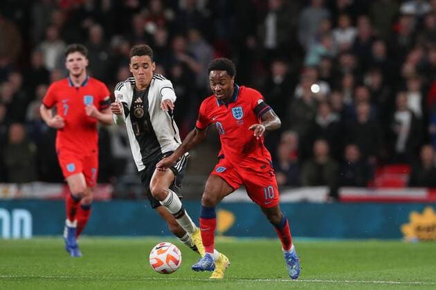 Mandatory Credit: Photo by Matt Impey Shutterstock (13422173v) Raheem Sterling of England competes with Jamal Musiala of Germany England v Germany, Football, UEFA Nations Cup, Wembley Stadium, Wembley, London, UK - 26 09 2022 Editorial use only England v Germany, Football, UEFA Nations Cup, Wembley Stadium, Wembley, London, UK - 26 09 2022 Editorial use only Copyright: xMattxImpey Shutterstockx 13422173v