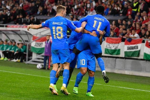 Foto Fabio Ferrari LaPresse 26 Settembre 2022 - Budapest, Ungheria - calcio - Ungheria vs Italia - Uefa Nations League - Gruppo C Giornata 6 6 - Stadio Puskas Arena Park.Nella foto: Giacomo Raspadori (Italy)esulta dopo la rete gol 0-1 September 26, 2022 Budapest, Hungary - sport soccer- Uefa Nations League - Group C 6 6 - Stadium Puskas Arena Park.-Park.In the pic:Giacomo Raspadori (Italy)celebrates after gol 0-1  Copyright: xFabioxFerrari LaPressex
