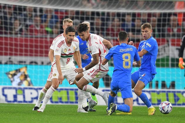 Nicolo Barella (Italy)Jorginho Luiz Frello Filho (Italy)Dominik Szoboszlai (Hungary)Adam Nagy (Hungary) during the UEFA Nations League 2022-2023 match between Hungary 0-2 Italy at Puskas Arena on September 26, 2022 in Budapest, Hungary. Noxthirdxpartyxsales  (199648553)