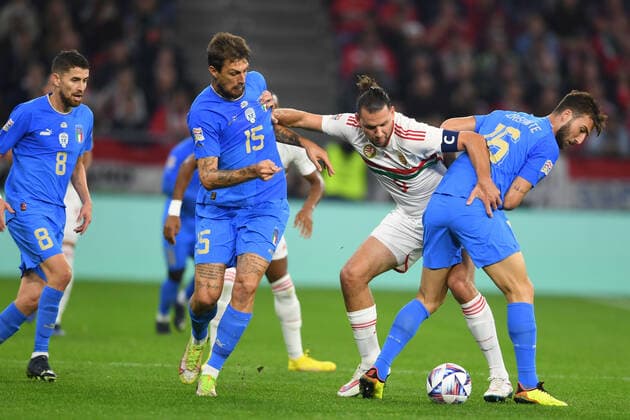 Jorginho Luiz Frello Filho (Italy)Francesco Acerbi (Italy)Adam Szalai (Hungary)Bryan Cristante (Italy) during the UEFA Nations League 2022-2023 match between Hungary 0-2 Italy at Puskas Arena on September 26, 2022 in Budapest, Hungary. Noxthirdxpartyxsales  (199648592)