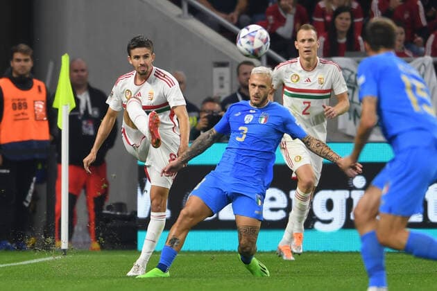 Adam Nagy (Hungary)Federico Dimarco (Italy)Adam Lang (Hungary) during the UEFA Nations League 2022-2023 match between Hungary 0-2 Italy at Puskas Arena on September 26, 2022 in Budapest, Hungary. Noxthirdxpartyxsales  (199648626)