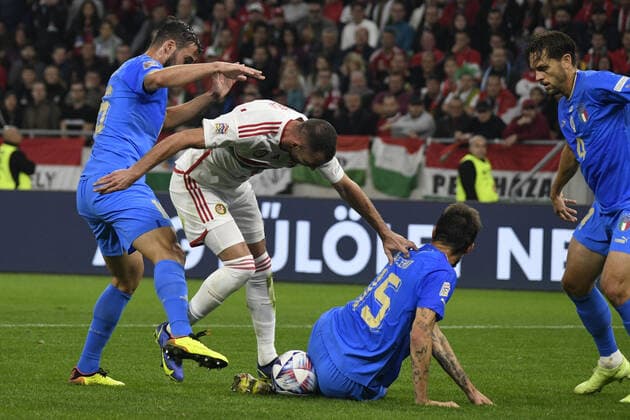 Bryan Cristante (Italy) Attila Fiola (Hungary)Francesco Acerbi (Italy)Rafael Toloi (Italy) during the UEFA Nations League 2022-2023 match between Hungary 0-2 Italy at Puskas Arena on September 26, 2022 in Budapest, Hungary. Noxthirdxpartyxsales  (199648776)