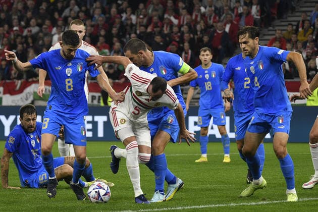 Jorginho Luiz Frello Filho (Italy)Attila Fiola (Hungary)Leonardo Bonucci (Italy)Rafael Toloi (Italy) during the UEFA Nations League 2022-2023 match between Hungary 0-2 Italy at Puskas Arena on September 26, 2022 in Budapest, Hungary. Noxthirdxpartyxsales  (199648789)