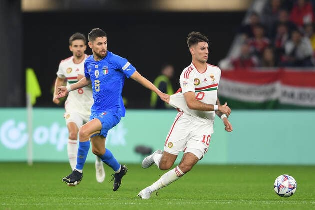 Dominik Szoboszlai (Hungary)Jorginho Luiz Frello Filho (Italy) during the UEFA Nations League 2022-2023 match between Hungary 0-2 Italy at Puskas Arena on September 26, 2022 in Budapest, Hungary. Noxthirdxpartyxsales  (199649065)