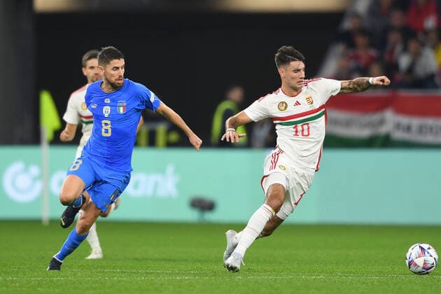 Dominik Szoboszlai (Hungary)Jorginho Luiz Frello Filho (Italy) during the UEFA Nations League 2022-2023 match between Hungary 0-2 Italy at Puskas Arena on September 26, 2022 in Budapest, Hungary. Noxthirdxpartyxsales  (199649067)