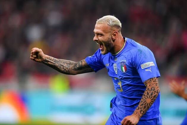 Federico Dimarco (Italy) celebrates after scoring his team s second goal during the UEFA Nations League 2022-2023 match between Hungary 0-2 Italy at Puskas Arena on September 26, 2022 in Budapest, Hungary. Noxthirdxpartyxsales  (199649247)