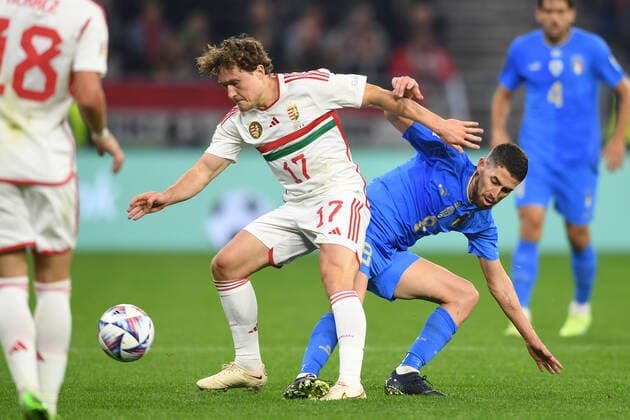 Callum Styles (Hungary)Jorginho Luiz Frello Filho (Italy) during the UEFA Nations League 2022-2023 match between Hungary 0-2 Italy at Puskas Arena on September 26, 2022 in Budapest, Hungary. Noxthirdxpartyxsales  (199649655)