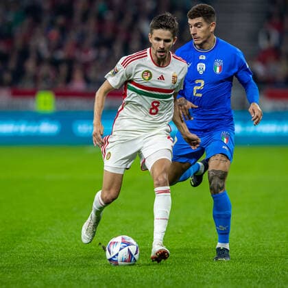 Hungary v Italy - UEFA Nations League - League Path Group 3 Adam Nagy of Hungary competes for the ball with Giovanni Di Lorenzo of Italy during the UEFA Nations League A3 match at Puskas ArÃ na on Sept 26, 2022 in Budapest, Hungary. Budapest Hungary  Copyright: xRobertxSzaniszlox originalFilename:szaniszlo-notitle220926_npzSO.jpg