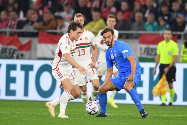 Manolo Gabbiadini (Italy)Callum Styles (Hungary)Andras Schafer (Hungary) during the UEFA Nations League 2022-2023 match between Hungary 0-2 Italy at Puskas Arena on September 26, 2022 in Budapest, Hungary. Noxthirdxpartyxsales  (199650530)