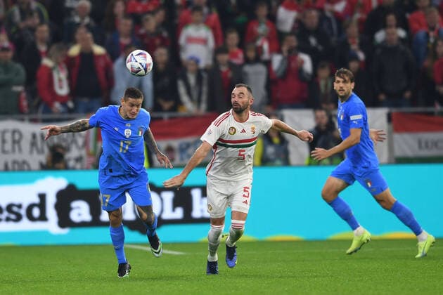Pasquale Mazzocchi (Italy)Attila Fiola (Hungary)Rafael Toloi (Italy) during the UEFA Nations League 2022-2023 match between Hungary 0-2 Italy at Puskas Arena on September 26, 2022 in Budapest, Hungary. Noxthirdxpartyxsales  (199650910)