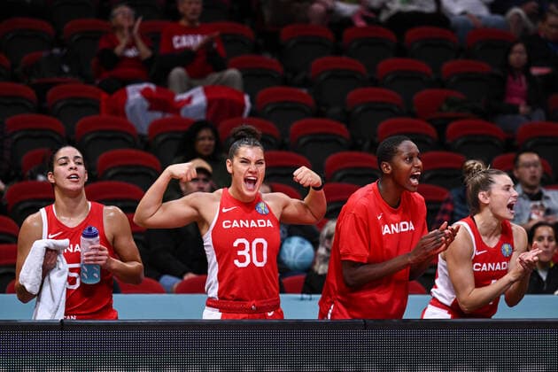 Sport Bilder des Tages BASKETBALL PUERTO RICO CANADA, Taya Hanson of Canada celebrates from the bench during the 2022 FIBA Women s Basketball World Cup Quarter Final match between Puerto Rico and Canada at Qudos Bank Arena in Sydney, Thursday, September 29, 2022. ( NO ARCHIVING, EDITORIAL USE ONLY, NO USE IN BOOKS WITHOUT CONSENT  Copyright: xJAMESxGOURLEYx 20220929001709043926