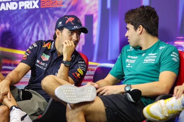 PEREZ Sergio (mex), Red Bull Racing RB18, STROLL Lance (can), Aston Martin F1 Team AMR22, portrait, press conference, PK, Pressekonferenz during the Formula 1 Singapore Airlines Singapore Grand Prix 2022, 17th round of the 2022 FIA Formula One World Championship, WM, Weltmeisterschaft from September 30 to October 02, 2022 on the Marina Bay Street Circuit, in Singapore - F1 - SINGAPORE GRAND PRIX 2022 DPPI Panoramic  AV6_2272