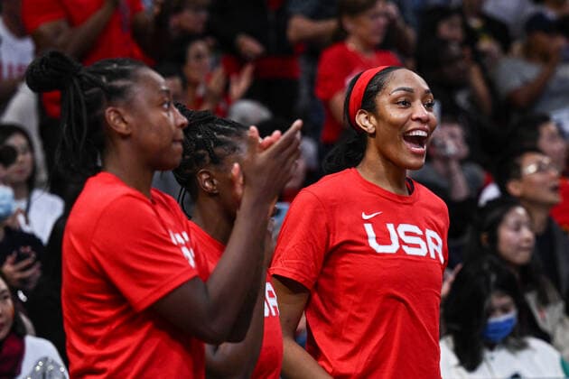 BASKETBALL CANADA USA, A Ja Wilson of the USA celebrates after the 2022 FIBA Women s Basketball World Cup Semi Final 1 match between Canada and the USA at Qudos Bank Arena in Sydney, Friday, September 30, 2022. ( NO ARCHIVING, EDITORIAL USE ONLY, NO USE IN BOOKS WITHOUT CONSENT  Copyright: xJAMESxGOURLEYx 20220930001709579064