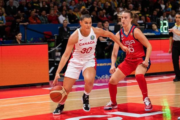 FIBA Womens World Cup 2022 - Canada v United States Taya Hanson (30 Canada) drives to the basket defended by Sabrina Ionescu (6 USA) during the FIBA Womens World Cup 2022 semifinal game between Canada and the United States at the Sydney Superdome in Sydney, Australia. Noe Llamas SPP Copyright: xNoexLlamas SPPx noe_llamas_sports_press_photo_173155