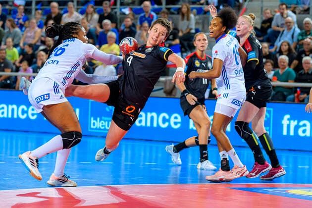 Handball, women international match, France Germany v li in duel Pauletta Foppa France and Alina Grijseels Germany Dortmund Metz Arenes de Metz France