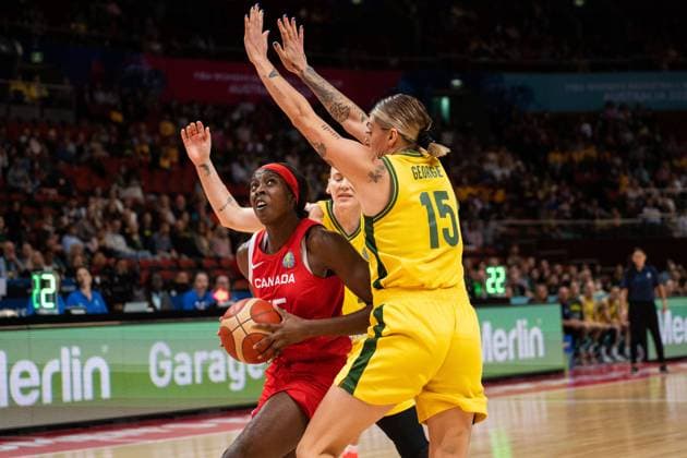 FIBA Womens World Cup 2022 - Australia v Canada Laeticia Amihere (15 Canada) posts up defended by Cayla George (15 Australia) during the FIBA Womens World Cup 2022 bronze medal game between Australia and Canada at the Sydney Superdome in Sydney, Australia. Noe Llamas SPP Copyright: xNoexLlamas SPPx noe_llamas_sports_press_photo_173251