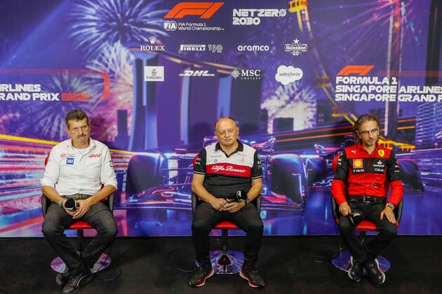 STEINER Guenther (ita), Team Principal of Haas F1 team, VASSEUR Frederic (fra), Team Principal of Alfa Romeo F1 Team ORLEN, MEKIES Laurent (fra), Racing Director of the Scuderia Ferrari, portrait, press conference, PK, Pressekonferenz during the Formula 1 Singapore Airlines Singapore Grand Prix 2022, 17th round of the 2022 FIA Formula One World Championship, WM, Weltmeisterschaft from September 30 to October 02, 2022 on the Marina Bay Street Circuit, in Singapore - F1 - SINGAPORE GRAND PRIX 2022 DPPI Panoramic  _V2_1558