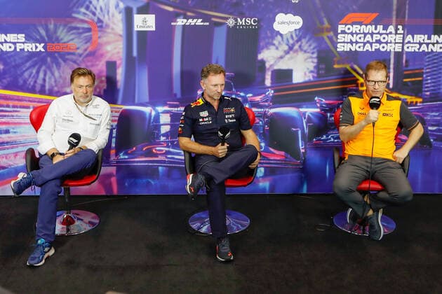 CAPITO Jost, Chief Executive Officer of Williams Racing, HORNER Christian (gbr), Team Principal of Red Bull Racing, SEIDL Andreas, Team Principal of McLaren F1 Team, portrait press conference, PK, Pressekonferenz during the Formula 1 Singapore Airlines Singapore Grand Prix 2022, 17th round of the 2022 FIA Formula One World Championship, WM, Weltmeisterschaft from September 30 to October 02, 2022 on the Marina Bay Street Circuit, in Singapore - F1 - SINGAPORE GRAND PRIX 2022 DPPI Panoramic  _V2_1569