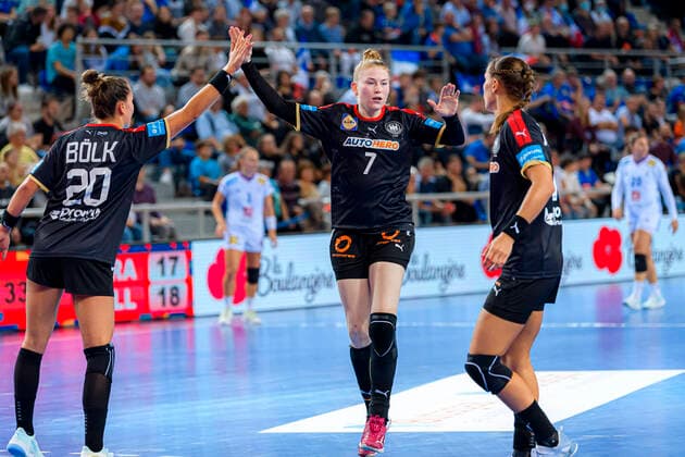 Handball, women international match, France Germany v li Emily Boelk Bölk Germany Ferencvaros Budapest , Meike Schmelzer Germany , Xenia Smits Germany Bietigheim Metz Arenes de Metz France