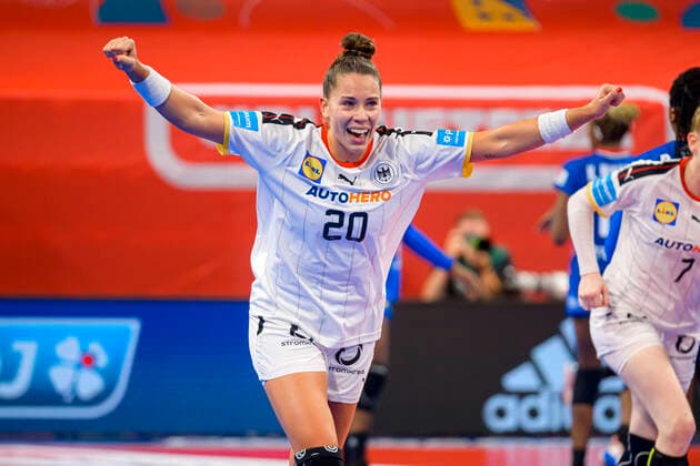 Handball, women international match France Germany Emily Boelk Bölk Germany Ferencvaros Budapest jubilation joy emotion Nancy Palais des Sports Jean Weille France