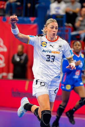 handball, women international match France Germany Luisa Schulze Germany Neckarsulm jubilation joy emotion Nancy Palais des Sports Jean Weille France