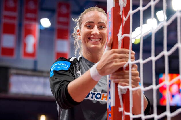 handball, women international match France Germany Mia Zschocke Germany Storhamar laughing smiling good mood grinning Nancy Palais des Sports Jean Weille France