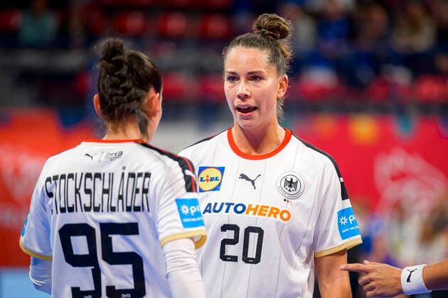Handball, women international France Germany v li Johanna Stockschläder Stockschlaeder Germany Thueringer HC , Emily Boelk Bölk Germany Ferencvaros Budapest Nancy Palais des Sports Jean Weille France