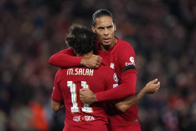 Mandatory Credit: Photo by Paul Greenwood Shutterstock (13437836em) Mohamed Salah scores his side s second goal with Virgil van Dijk to make the score 2-0 Liverpool v Rangers, UEFA Champions League, Group A, Football, Anfield, Liverpool, UK - 04 Oct 2022 EDITORIAL USE ONLY No use with unauthorised audio, video, data, fixture lists, club league logos or live services. Online in-match use limited to 120 images, no video emulation. No use in betting, games or single club league player publications. Liverpool v Rangers, UEFA Champions League, Group A, Football, Anfield, Liverpool, UK - 04 Oct 2022 EDITORIAL USE ONLY No use with unauthorised audio, video, data, fixture lists, club league logos or live services. Online in-match use limited to 120 images, no video emulation. No use in betting, games or single club league player publications. Copyright: xPaulxGreenwood Shutterstockx 13437836em