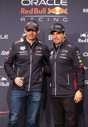 October 5, 2022, Tokyo, Japan - Red Bull Racing Formula-1 drivers Max Verstappen (L) of Netherlands and Sergio Perez (R) of Mexico pose for photo at a press conference, PK, Pressekonferenz in Tokyo on Wednesday, October 5, 2022. Formula-1 Japan Grand Prix will be held at the Suzuka circuit on October 9. Noxthirdxpartyxsales  (200425848)