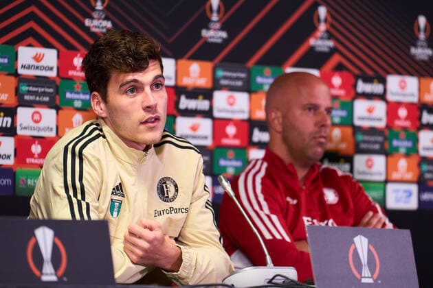 UEFA Europa League press conference, PK, Pressekonferenz and training of Feyenoord Herning - Jacob Rasmussen of Feyenoord, Feyenoord coach Arne Slot during the press conference and training of Feyenoord at MCH Arena on 5 October 2022 in Herning, Denmark. Copyright: xTomxBodex