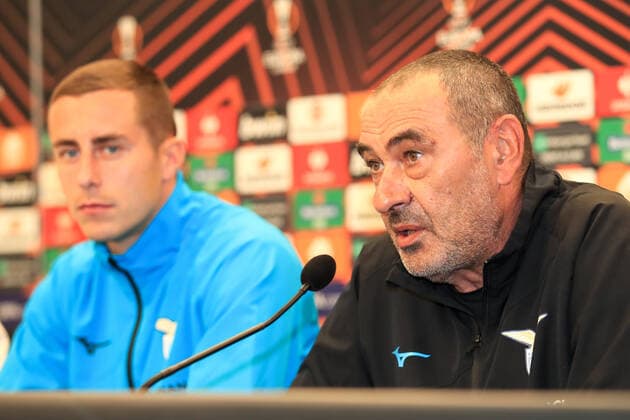 SOCCER - UEFA EL, Sturm vs Lazio, preview GRAZ,AUSTRIA,05.OCT.22 - SOCCER - UEFA Europa League, SK Sturm Graz vs SS Lazio Roma, preview, press conference, PK, Pressekonferenz Lazio. Image shows Adam Marusic and head coach Maurizio Sarri (Lazio).  GEPAxpictures xMarioxBuehner