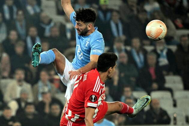 MALMÖ 20221006 Malmös Erdal Rakip and Union Berlins Diogo Leite in a height duel during Thursdays soccer match in the Europa League, group D, between Malmö FF and FC Union Berlin at Eleda Stadium New Malmö Stadium Malmö Sweden FOOTBALL x50090x,  Copyright: xJohanxNilsson TTx EUROPA LEAGUE MALMÖ FF-UNION BERLIN