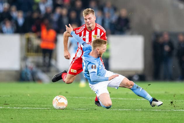 221006 Anders Christiansen of Malmö FF and Andras Schäfer of Union Berlin during the UEFA Europa League match between Malmö FF and Union Berlin on October 6, 2022 in Malmö Photo Petter Arvidson BILDBYRAN code PA PA0409 football football soccer fotball uefa europa league malmö ff union berlin bbeng,  Copyright: PETTERxARVIDSON BB221006PA076
