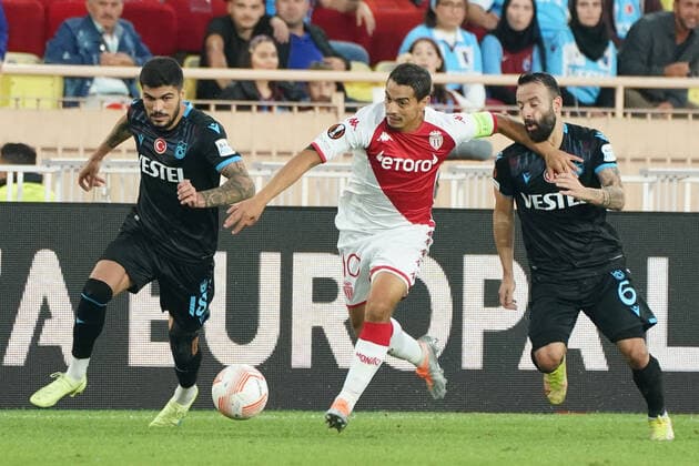 Wissam Ben Yedder (AS Monaco) - Manolis Siopis (Trabzonspor) FOOTBALL : AS Monaco vs Trabzonspor - Ligue Europa - Phase de groupe - Monaco - 06 10 2022 NorbertScanella Panoramic 